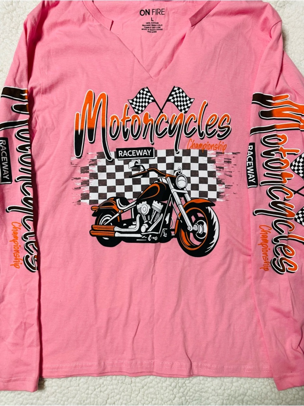 On Fire Pink Long-Sleeve Motorcycle Graphic Tee with Orange & Black Accents
